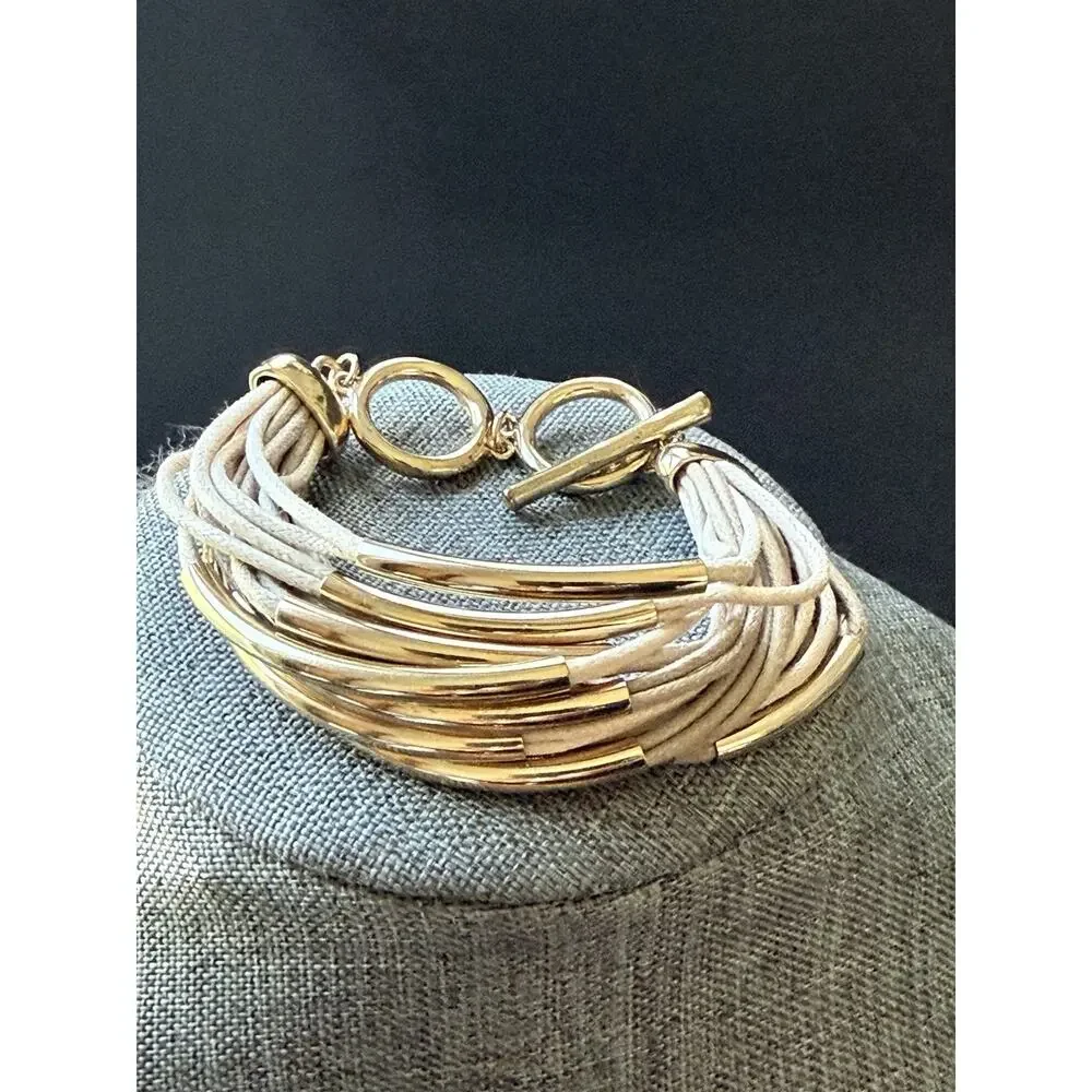 Multi Strand Cord Bracelet Gold Tone Toggle Clasp Statement Beige Boho Festival